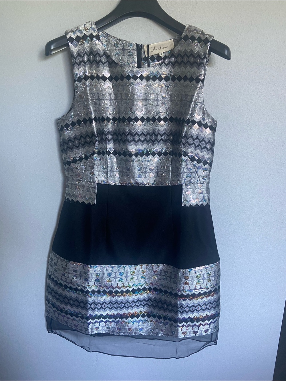 NWT STYLEWE Silver Metallic Patterned & Black Panel Mini Dress